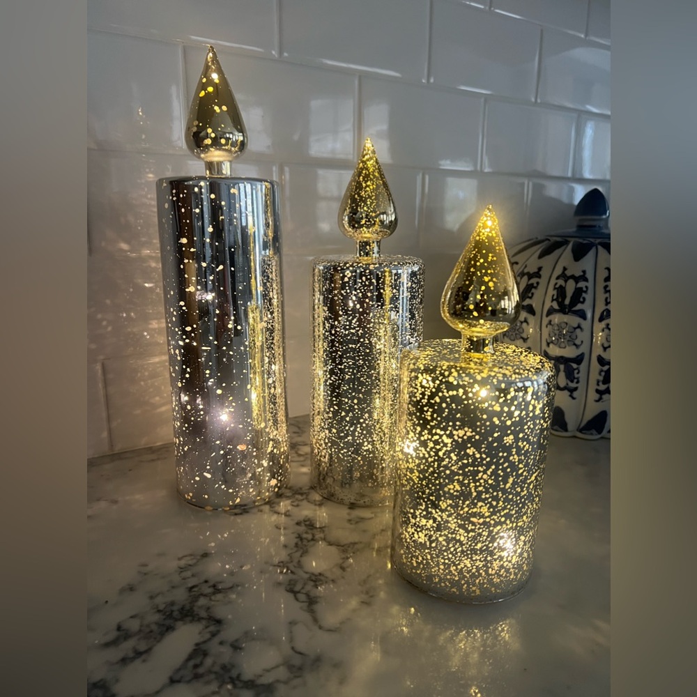 New Valerie Parr Hill Mercury Glass LED Candles Set 3 Silver & Gold Timers